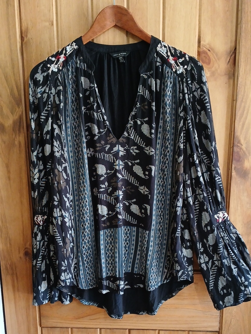 Lucky Brand Embroidered V-Neck Peasant Blouse - Medium